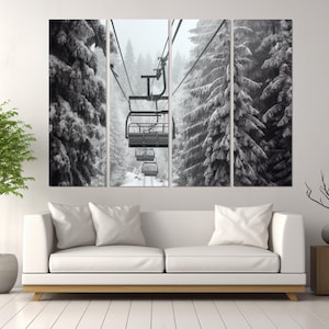Impresión en lienzo de telesilla escénica, póster grande de telesilla, lienzo de teleférico de invierno, arte mural de invierno, regalo para esquiadores, enmarcado y listo para colgar. imagen 6