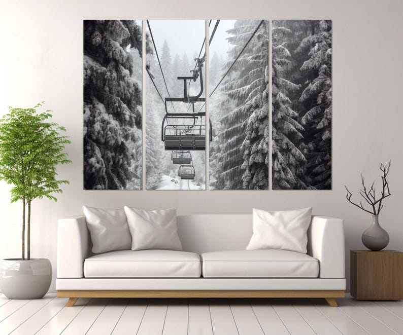 Impresión en lienzo de telesilla escénica, póster grande de telesilla, lienzo de teleférico de invierno, arte mural de invierno, regalo para esquiadores, enmarcado y listo para colgar. imagen 6