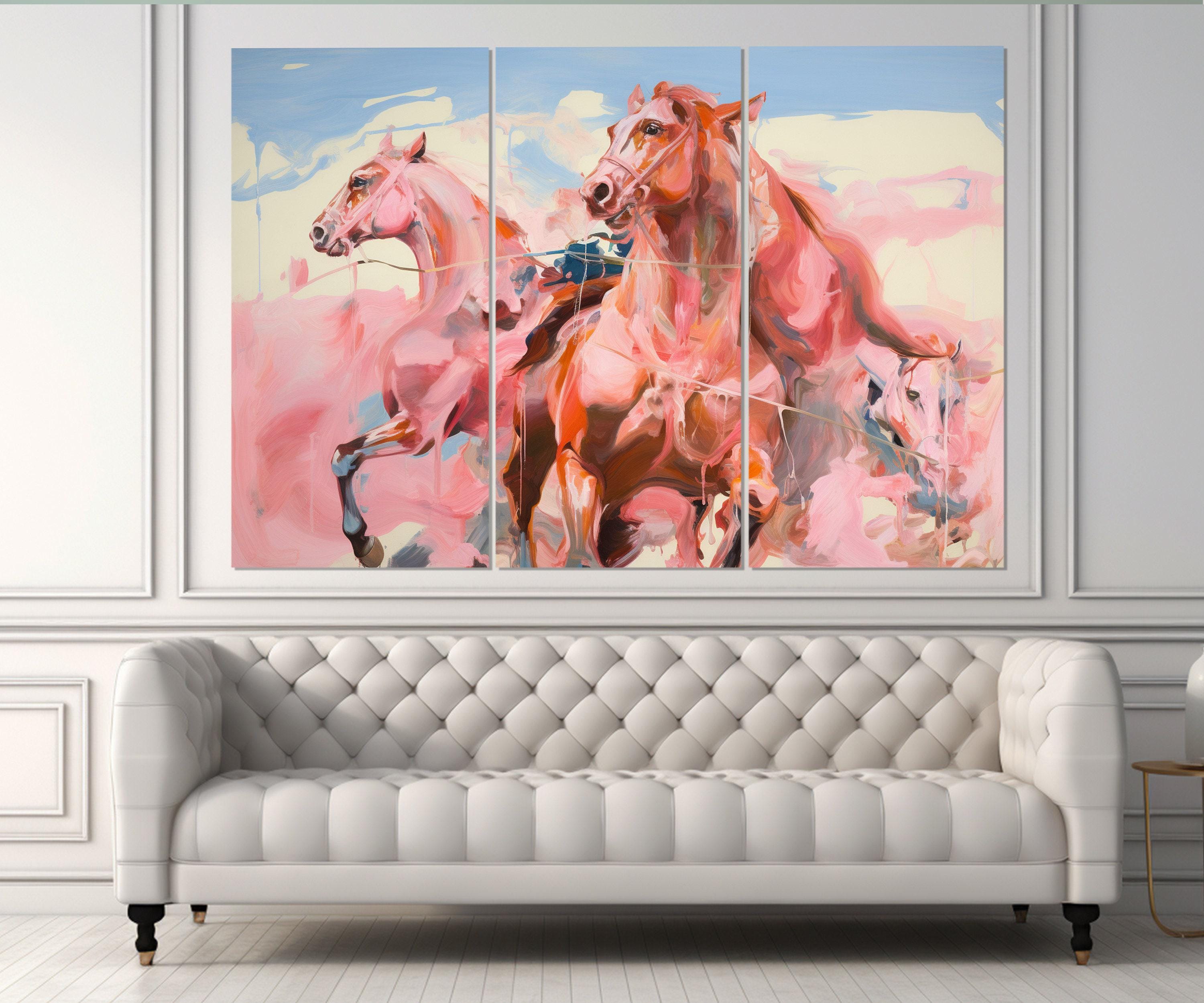 抽象的なピンクの馬の絵画キャンバスプリント、額入りですぐに掛けられ