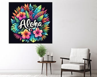 Toile d'art Aloha, impression sur toile colorée signe d'Hawaï, encadrée et prête à accrocher