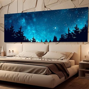 Großer Sternenhimmel über Wald Leinwand Druck, Nachthimmel Wandkunst, Sternenhimmel Malerei, Schlafzimmer Wanddekoration, Sterne im Himmel, gerahmt und fertig zum Aufhängen