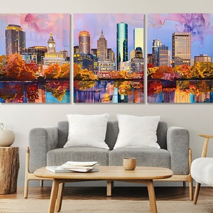Boston Panoramic Painting Canvas Print, Abstract Boston Skyline, Boston Wall Art, Boston Canvas Art, Framed and Ready to Hang