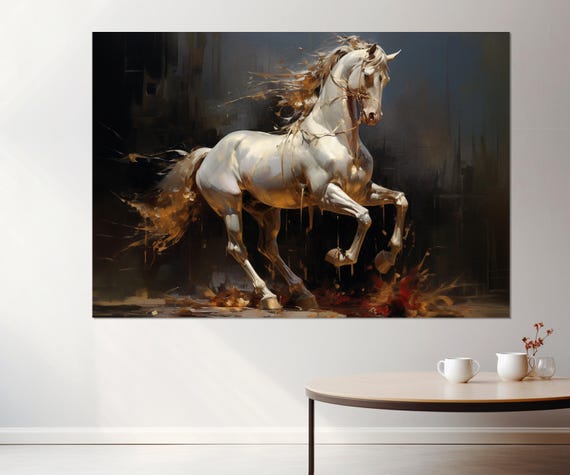Tableau Ou Poster Cheval Blanc – Toile Tendue Ou Affiche – Grande Taille – Art Déco