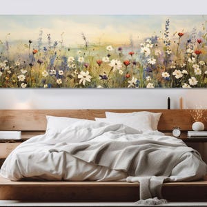 Neutral Colors Wildflowers Painting Canvas Print, Panoramic Field Wall Art, Large Floral Canvas, Wildflowers Print, Framed & Ready to Hang