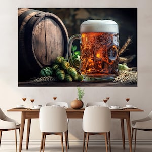 Beer Glass Canvas Print, Pub Wall Decor, Beer Restaurant Decor, Beer Wall Art, Beer Barrel Canvas Art, Framed and Ready to Hang