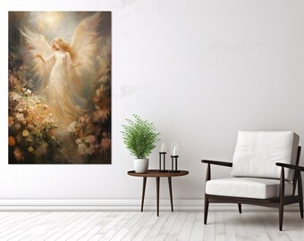 美しい花の中の天使の絵画キャンバスプリント、天使の壁アート、天使の