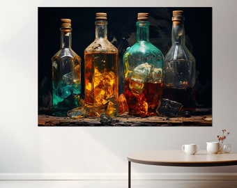 Bottles with Alcohol Abstract Painting, Alcohol Canvas Print, Alcohol Wall Art, Framed and Ready to Hang