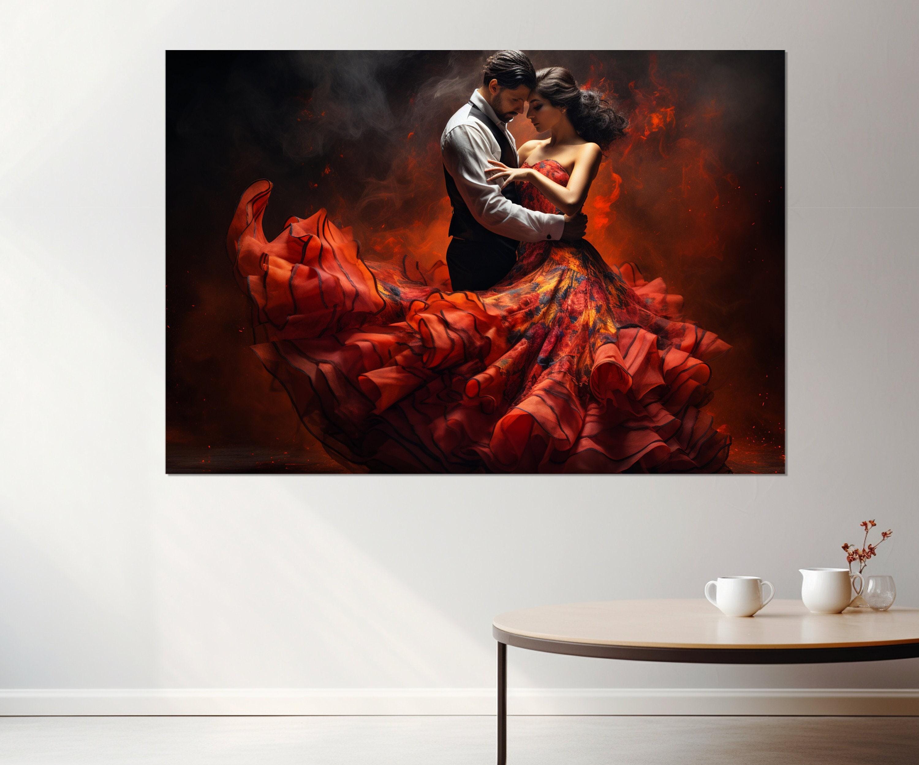 Flamenco Dancing Couple Canvas Print, Dancing Wall Art, Vintage Dance Painting, Framed and Ready to Hang