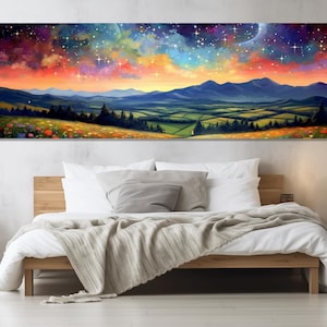 Lienzo impreso con cielo estrellado nocturno sobre pradera, paisaje natural escénico, decoración rústica de pared, enmarcado y listo para colgar.