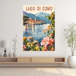 Lake Como Painting Canvas Print, Scenic Italian Lake Poster, Italian Wall Art, Vertical Lake Como Painting, Framed & Ready to Hang