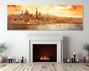 Abstract Valletta Painting Canvas Print, Abstract Malta Wall Art, Large Malta Canvas Art, Vintage Valletta Poster, Framed and Ready to Hang