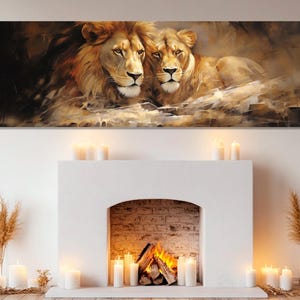Lion and Lioness Romantic Painting Canvas Print, Lions in Love Poster, Anniversary Gift, Bedroom Wall Decor, Framed and Ready to Hang