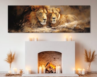 Leeuw en leeuwin romantisch schilderij canvasafdruk, poster leeuwen verliefd, jubileumcadeau, slaapkamer wanddecoratie, ingelijst en klaar om op te hangen