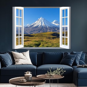 Offenes Fenster mit Kamtschatka Vulkanen Ansicht Leinwanddruck, Kamtschatka Wandkunst, russische Natur, künstliche Fenster-Wanddekoration, gerahmt und fertig zum Aufhängen