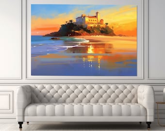 Scenic Spanish Coast Painting Canvas Print, Beach Wall Art, Large Coast Painting, Framed and Ready to Hang