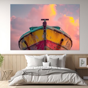 Old Boat Canvas Print, Vintage Boat Canvas Art, Fishing Boat Wall Art, Travel Wall Decor, Boat on Sunset Poster, Framed and Ready to Hang