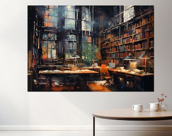 Abstract Library Oil Painting Canvas Print, Library Wall Decor, Framed and Ready to Hang