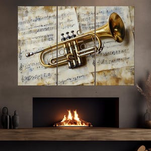 Abstract Trumpet and Notes Canvas Print, Trumpeter Gift, Music Wall Art, Trumpet Poster, Music Wall Decor, Framed and Ready to Hang