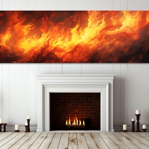 Large Fire Canvas Print, Panoramic Wall Art, Livingroom Decor, Firefighter Gift, Abstract Fire Painting, Framed and Ready to Hang