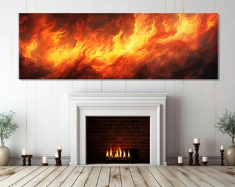 Large Fire Canvas Print, Panoramic Wall Art, Livingroom Decor, Firefighter Gift, Abstract Fire Painting, Framed and Ready to Hang