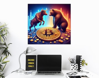 Könnte beinhalten: Digitaldruck, der einen Bullen und einen Bären zeigt, die sich über einer großen Bitcoin-Münze gegenüberstehen. Der Hintergrund zeigt steigende und fallende Balkendiagramme in Blau und Orange. Der Druck befindet sich an einer weißen Wand über einem Schreibtisch.
