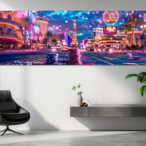 Casinofiches en Las Vegas schilderij canvas print, abstracte casino muurkunst, Las Vegas poster, cadeau gokker, ingelijst en klaar om op te hangen