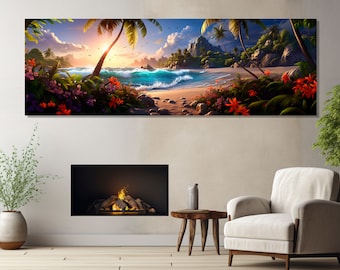 Fantasy Beach Painting, Large Beach Canvas Print, Ocean Beach Wall Art, Panoramic Beach Print, Framed and Ready to Hang