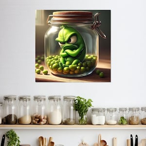 Traurig Erbsen im Glas Leinwand Druck, Lustige Küche Wand Dekor, Gemüse Poster, Hausfrau Geschenk, gerahmt und fertig zum aufhängen