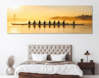 Ruderer bei Sonnenuntergang Leinwand Druck, Rudern Wandbild, großes Ruder Geschenk, Bootfahren Leinwand Kunst, gerahmt und fertig zum Aufhängen
