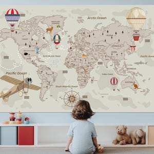 Wereldkaart voor kinderen canvasafdruk, kinderwereldkaart kunst aan de muur, kinderkamer muur decor, kinderkamer decor, kinderkaart print, ingelijst en klaar om op te hangen