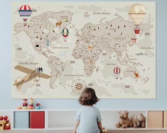 Wereldkaart voor kinderen canvasafdruk, kinderwereldkaart kunst aan de muur, kinderkamer muur decor, kinderkamer decor, kinderkaart print, ingelijst en klaar om op te hangen