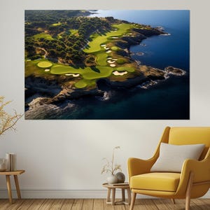 Impressão em tela de campo de golfe à beira-mar, arte de parede de golfe, decoração de resort de golfe, presente para jogador de golfe, decoração de parede de clube de golfe, emoldurada e pronta para pendurar imagem 6