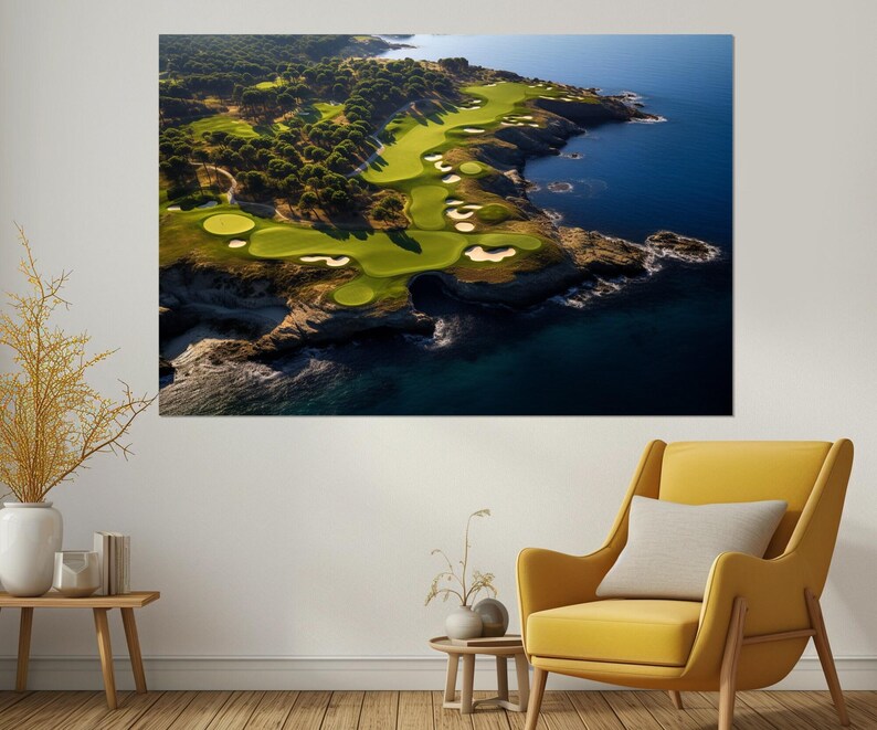 Impressão em tela de campo de golfe à beira-mar, arte de parede de golfe, decoração de resort de golfe, presente para jogador de golfe, decoração de parede de clube de golfe, emoldurada e pronta para pendurar imagem 6