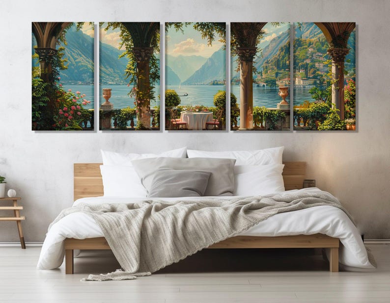 Lake Como Coast Oil Painting Canvas Print in a Vintage Style, Italy Wall Art, Lake Como Panorama, Lake Como Poster, Framed & Ready to Hang image 4