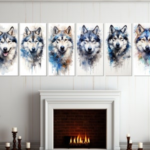 Husky Wall Art, Large Watercolor Husky Painting Canvas Print, Husky Owner Gift, Hunting Canvas Art, 6 Panels - Framed and Ready to Hang