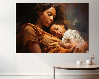 African Woman with Child Painting, African Canvas Print, Black Woman with Child Print, Framed and Ready to Hang