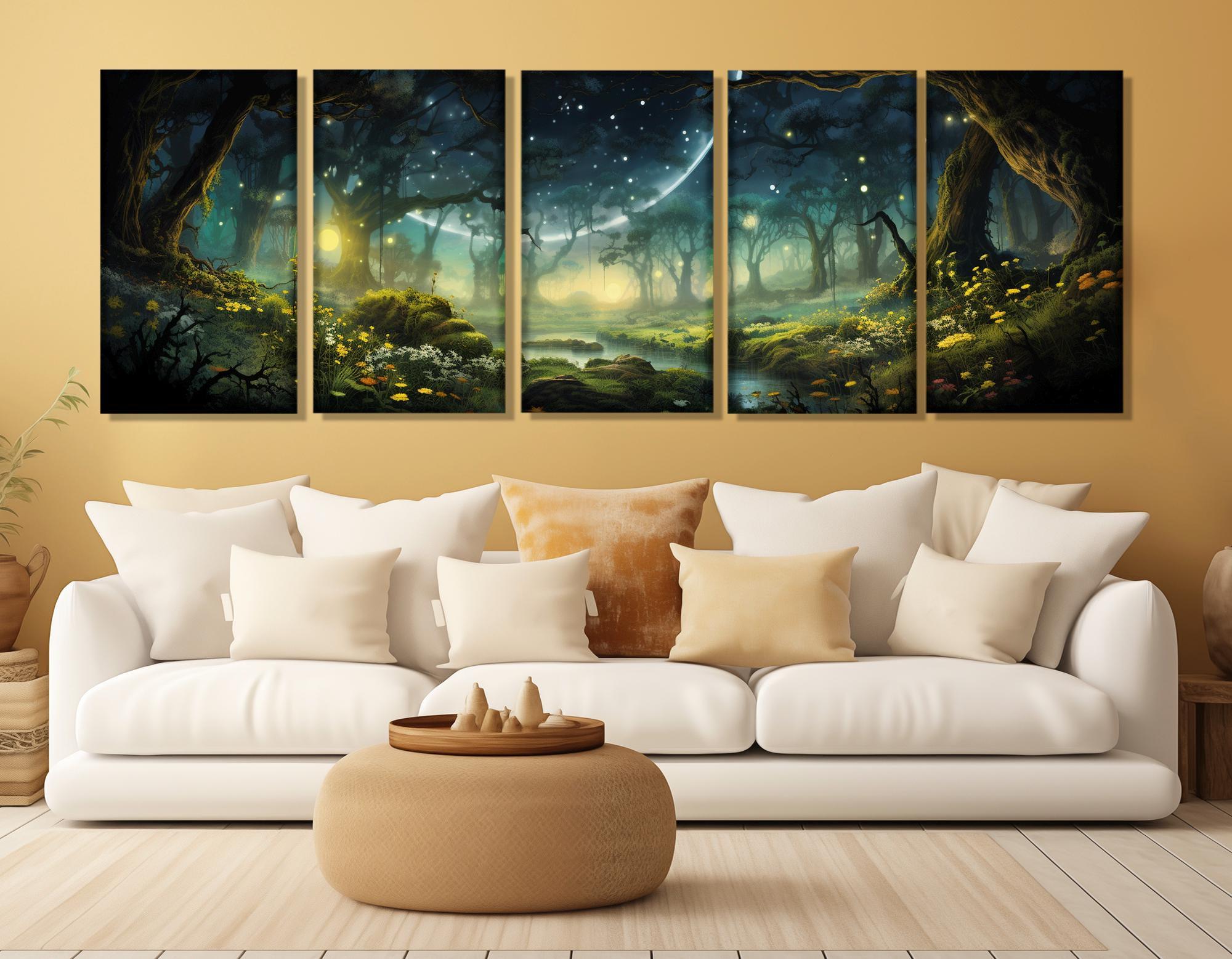 Fantasy Forest Painting Canvas Print, Fireflies in Forest Wall Art ...