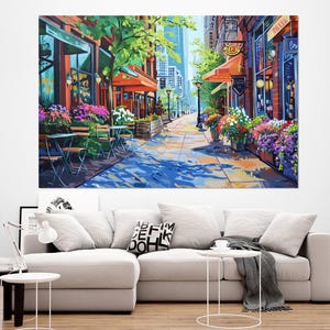 Scenic Chicago Downtown Painting Canvas Print, Abstract Chicago Streets Painting, Chicago Wall Art, Chicago Poster, Framed and Ready to Hang