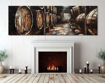 Old Whisky Barrels Painting Canvas Print, Whiskey Wall Art, Whiskey Cellar Poster, Man Cave Wall Decor, Framed and Ready to Hang