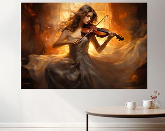 Abstracte canvasafdruk violist meisje, kunst aan de muur viool, muzikant cadeau, violist cadeau, ingelijst en klaar om op te hangen