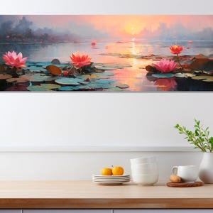 Water Lilies on the Lake Painting Canvas Print, Abstract Water Lily Wall Art, Nature Oil Painting, Framed and Ready to Hang image 1