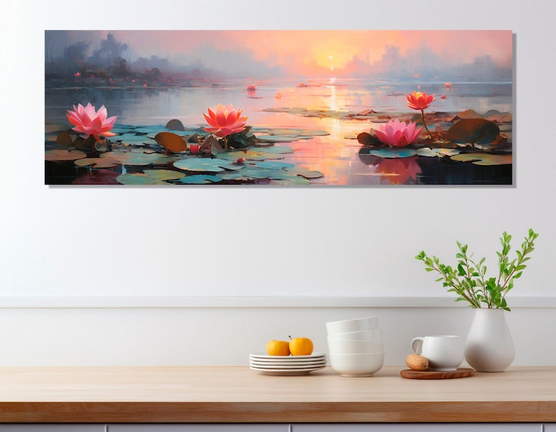 Water Lilies on the Lake Painting Canvas Print, Abstract Water Lily Wall Art, Nature Oil Painting, Framed and Ready to Hang image 1