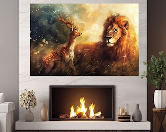 Deer with Lion Painting Canvas Print, Friendship Wall Art, Deer Canvas Art, Lion Print, Wild Nature Wall Art, Framed and Ready to Hang