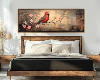 Cardinal on Blossoming Tree Painting Canvas Print, Red CardinalWall Art, Framed and Ready to Hang