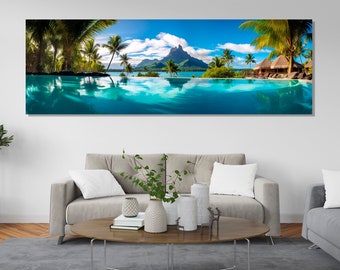 Beautiful Tropical Landscape Canvas Print, Swimming Pool on the Beach in Bora Bora Painting, Bora Bora Wall Art, Framed and Ready to Hang