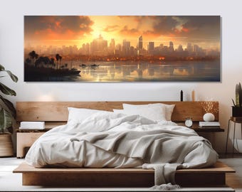 San Diego Sunset Painting Canvas Print, Abstract San Diego Wall Art, San Diego Wall Decor, San Diego Skyline, Framed and Ready to Hang