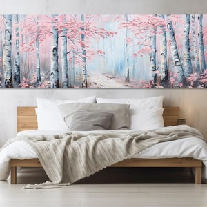 Birch Trees with Pink Leaves Canvas Print, Birch Grove Painting, Neutral Colors Abstract Birch Forest Wall Art, Framed and Ready to Hang