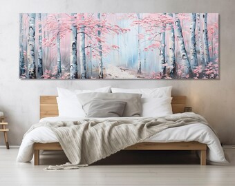 May include: A painting depicting a birch forest with pink blossoms. The trees are white with black bark and the leaves are a soft pink. The background is a light blue.