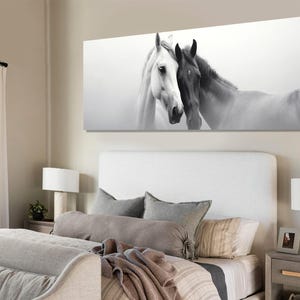 Black and White Horses in Love Canvas Print, Large Romantic Wall Art, Horses Painting, Horses Wall Art, Framed and Ready to Hang