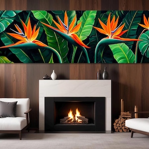 Stampa su tela "Uccelli del Paradiso", dipinto di Strelitzia, arte murale con piante, poster "Uccelli del Paradiso", incorniciato e pronto da appendere.